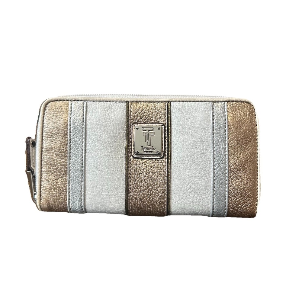 Tignanello Zip Around Wallet Rose Gold Silver Metallic White Leather Cards *READ